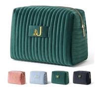 Elehui Travel Makeup Bag Quilted Make Up Pouch Initial Cosmetic Case with Butterfly Decorations for Women Compact Mirror Traveling Size Beauty Tools Accessories Organizer Green Velvet Letter J