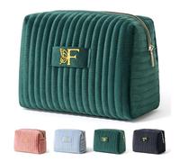 Elehui Travel Makeup Bag Quilted Make Up Pouch Initial Velvet Cosmetic Case with Butterfly Decor for Women 13 14 15 16 17 18 19 Year Old Teen Girl Makeup Kit Bulk Gifts Trendy Stuff Green Letter F