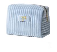 Elehui Travel Makeup Bag Quilted Make Up Pouch Initial Velvet Cosmetic Case with Butterfly Decorations for Womens Fashion Trending Birthday Easter Valentines Gifts Ideas Unique Blue Letter T