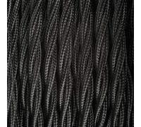 ElekTek Black Vintage-Style Twisted Braided Fabric Covered Lighting Flex Cable, Sold Per 1 Meter, 3-Core 6 Amp (0.75mm), EU Manufactured