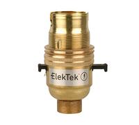 ElekTek Safety Switch Lamp Bulb Holder B22 BC Bayonet Cap & Shade Ring 1/2” 26TPI Threaded Bottom Entry Brass Made in UK - Child Safe Switch Push Bar locks OFF & cuts power if no bulb fitted