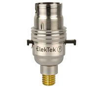 ElekTek Safety Switched Lamp Bulb Holder B22 BC Bayonet Cap & Shade Ring - 7/16th Screw Wood Mount Base Chrome Made in UK - Child Safe Switch Push Bar Locks Off & cuts Power if no Bulb Fitted