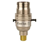 ElekTek Safety Switched Lamp Bulb Holder B22 BC Bayonet Cap & Shade Ring - 7/16th Screw Wood Mount base Nickel Made in UK - Child Safe Switch Push Bar locks OFF & cuts power if no bulb fitted