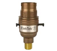 ElekTek Safety Switched Lamp Bulb Holder B22 BC Bayonet Cap & Shade Ring - 7/16th Screw Wood Mount base Antique Brass Made in UK - Child Safe Switch Push Bar locks OFF & cuts power if no bulb fitted