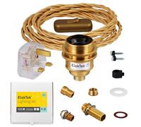 ElekTek UK Brass E27 Edison Lamp Holder Shade Ring Refurbishment Fixing Kit Gold Twisted Braided Fabric 3-Core Lighting Flex cable, Inline Rocker Switch, Extensive Fittings Pack, 13A Plug (3A Fuse)