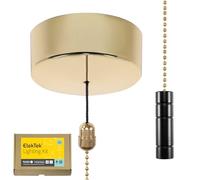 ElekTek UK Safety Approved Polished Brass Bathroom Light Pull Switch Kit, Metal Black Cylinder Fob + Brass Chain, EN 60669-1 & CE Mark, Earth Terminal, 6A 250V, 1 or 2 Way, Full Wiring Instructions