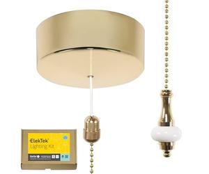 ElekTek UK Safety Approved Polished Brass Bathroom Light Pull Switch Kit, Metal & Ceramic White Disc Fob + Brass Chain, EN 60669-1 & CE Mark, Earth Terminal, 6A 250V, 1 or 2 Way, Wiring Instructions