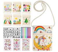 Elektheim DIY Fabric Bags for Painting, Art Kit, 6 Bags, 12 Coloured Pencils, 3 Diamond Stickers, 4 DIY Stencils, Unisex, Kids, All Seasons, Canvas, Beige, 17cm x 13cm, True