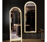 Elemango Arched Floor Mirror with LED Lights, 160x50cm Full body Mirror with White Aluminum Frame for Hanging or Leaning, Standing Mirror for Bedroom, Living room