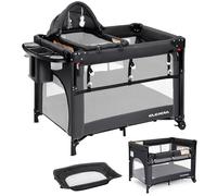 ELEMARA 5 in 1 Pack n Play,Adjustable Baby Bassinets Bedside Sleeper with Mattress,1-Step Opening Foldable Nursery-Center Toddler Playpen,Changing Table,Ziper Door/Baby Crib,Travel Carry Bag,Dark Grey