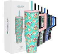 Elemental 1180 ml Tumblers with Handle and Straw - Stainless Steel Travel Mug - Thermal Cup - Hot & Cold Beverages - Coffee Cup Travel Mug - 2 Straws & Spill Proof Lid - Vintage Flower
