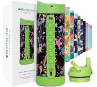 Elemental Iconic 414ml Triple-Wall Insulated Water Bottle with Straw - Sports-Lid & Pop Fidget Handle - Leakproof Stainless Steel Sports Water Bottle for Hot & Cold Drinks - Green Splatter