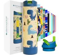 Elemental Iconic 591ml Triple-Wall Insulated Water Bottle with Straw - Sports-Lid & Pop Fidget Handle - Leakproof Stainless Steel Sports Water Bottle for Hot & Cold Drinks - Dinosaur