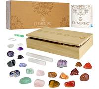 Elementao Chakra Crystals and Healing Stones - 25 Polished and Raw Gemstones and Storage Bag, Fluorite Wand and 2 Selenite Wands, Quartz Point and Engraved Wooden Box, Natural Crystal Set for