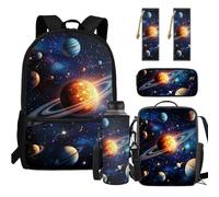 Elementary School Bag for Girls Boys Space Galaxy Backpack with Lunch Box Set for Teen Kids Cartoon Backpack with Multiple Pockets Lightweight Pencil Case for Student Back to School