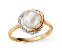 Elements 9ct Yellow Gold Button Pearl And Diamond Ring GR503W / Size 52