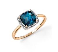 Elements 9ct Yellow Gold London Blue Topaz Checkerboard Ring With Diamond Surround GR453T / Size 54
