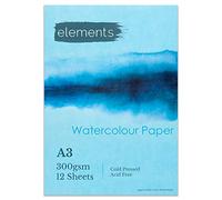 Elements A3 Watercolour Book Glue Bound Artist Watercolour Paper Pads, Cold Pressed (300gsm/140lb), Acid-Free, 12 Sheets for Water Painting - A3