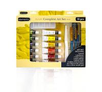 Elements Acrylic Complete Art Painting Set with Pad - 21-Piece Acrylic Paints Set with 12 Tube Paints & 3 Taklon Brushes - Compact Painting Kit with 9"x 12" Paint Pad
