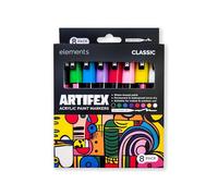 Elements Artifex Acrylic Paint Markers Set - 8 Classic Colours with 2-3 mm Bullet Nibs, Water-Based Fast-Dry Ink for Craft Projects
