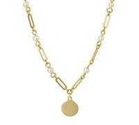 Elements Gold Pearl Station Disc 9ct Yellow Gold Necklace GN387W - Yellow Gold / 9ct Gold / Pearl