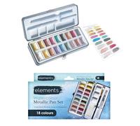 Elements Metallic Watercolour Paint Set - 18 metallic Watercolour Paints, Includes Brush Waterbrush, Sponge, and Mixing Palette for Watercolour Painting