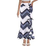 Elenint Women's Printed High Waist Slim Fishtail Skirt Maxi Long Ruffle Skirt Holiday Cocktail Party Bodycon Skirts, White Grey Wave, L