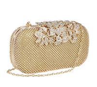 ELEOPTION Women Crystal Diamond Evening Bag with Detachable Chain Chic Leaves Clasp Clutch Diamante Clutch Bag Ladies Sparkly Rhinestone Purse Wallet Handy Bag Party Bridal Prom Wedding, Gold