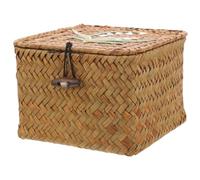 ELEOUTI Decorative Wicker Basket with Flower Pattern with Lid, Finely Woven Straw and Wicker Sewing Organizer Box Retro Style for Needlework and Home Storage