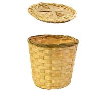 ELEOUTI Khaki round Bamboo Tea Basket with Lid Wear-resistant Versatile Decorative Storage Basket for Home Decoration and Garbage Storage