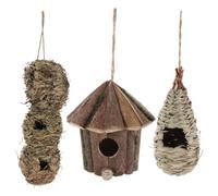 ELEOUTI Outdoor Hanging Birdhouse Cottage Shape 3pcs Handwoven Grass Nest with Firm Wooden Base, Stable Structure for Small Songbirds and Robins for Backyard and Patio Bird Nesting