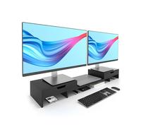 Elephance Dual Monitor Stand Riser with Adjustable Length and Angle, Bamboo Computer Riser with 2 Extra Drawers, Desk Organizer for Laptop, Computer