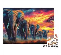 Elephant 1,000 Piece Jigsaw Puzzle for Adults Elephant Herd Savanna Sunset Premium Thick Sturdy Challenging Stress Relief Family Game 38x26cm/1000pcs