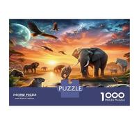 Elephant 1000 Piece Jigsaws Featuring Artistic Design Favourites Jigsaw Savanna Elephant Sunset As Anti-stress Puzzles for Digital Detox Activities 52x38cm/1000pcs