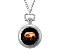 Elephant Africa Landmark Inside Vintage Pocket Watch with Chain Arabic Numerals Scale Quartz Pocket Watches Gifts for Men Women