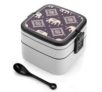 Elephant and Aztec Indian Pattern Lunch Box Stackable Bento Box Double Layer Leak-Proof Lunch Container with Cutlery Set