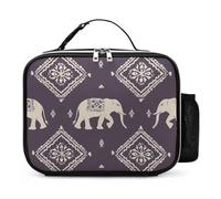 Elephant and Aztec Indian Pattern Reusable Insulated Lunch Bag Tote Handbag Leather Portable Cooler Bags for Men Women