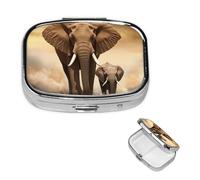 Elephant and Baby Elephant Pill Box 2 Compartment Medicine Pill Organizer Square Pill Case for Purse & Pocket Travel Pillbox Portable Metal Medicine Vitamin Fish Oil Organizer Unique Gift