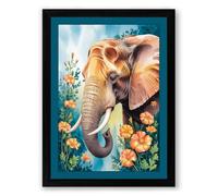 Elephant and Blossoms Boho Framed Wall Art Print A2 (59.4×42cm) Black, Wall Decor for Living Room, Bedroom, Office & Home, Ready to Hang, Art Gift