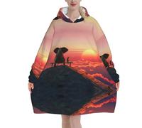 Elephant And Dog Watch The Sunset Print Hoodie Blanket, Print Hoodie Blanket, Soft Wearable Blanket Hoodie Sweatshirt For Adults Women Men 280g Flannel