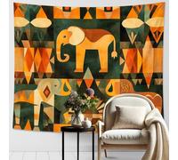Elephant and Geometric Tapestry, Orange Green Wall Hanging, Nature Inspired Design for Living Room, Bedroom, Bohemian Decor 60x80 Inch