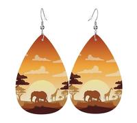 Elephant And Giraffe In The Sunset Earrings For Women Leather Dangle Lightweight Teardrop Earrings Jewelry For Women