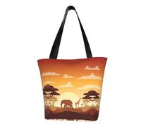 Elephant And Giraffe In The Sunset Fashion Canvas Tote Bag With All Over Print Design,Large Reusable Shopper Tote With Double Handles,Beach Tote, Weekend Bag