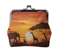 Elephant and Giraffe in The Sunset Print Coin Purse for Women Cute PU Leather Kiss-lock Change Purse Wallet, Black, One Size, Pattern