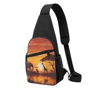 Elephant and Giraffe in The Sunset Printed Chest Bag Sling Bag for Men Women, Outdoor Crossbody Fanny Packs Hiking Chest Packs Sport Daypacks