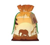 (Elephant and Giraffe in The Sunset) Printed Christmas M Size Gift Bags with Green Ribbon Drawstring Candy Bags for Kids Xmas Holiday Christmas Eve Presents