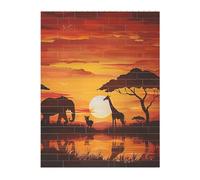 Elephant and Giraffe in The Sunset Printed Jigsaw Puzzle 16.7x22.3 CM, Rectangular Puzzle Challenging Game for Adults Gifts, Family Fun Decorative Wall Decor