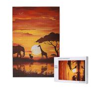 Elephant and Giraffe in The Sunset Printed Jigsaw Puzzle with Storage Box, Wooden Puzzle for Adults and Kids, 1000 Pieces Family Fun Decorative Game