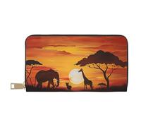 Elephant and Giraffe in The Sunset Printed Long Wallet for Women Men - PU Leather Wallets Card Holder with Zip Coin Pocket