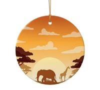 Elephant and Giraffe in The Sunset Printed Round Xmas Ornaments 10cm, Christmas Ceramic Pendant Hanging for Xmas Tree Home Indoor Outdoor Decor 1 Pcs